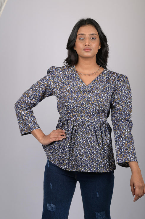 Floral print for women western wear womens top party wear cotton Blue And White Floral Print Top (OTL-TPS1070)